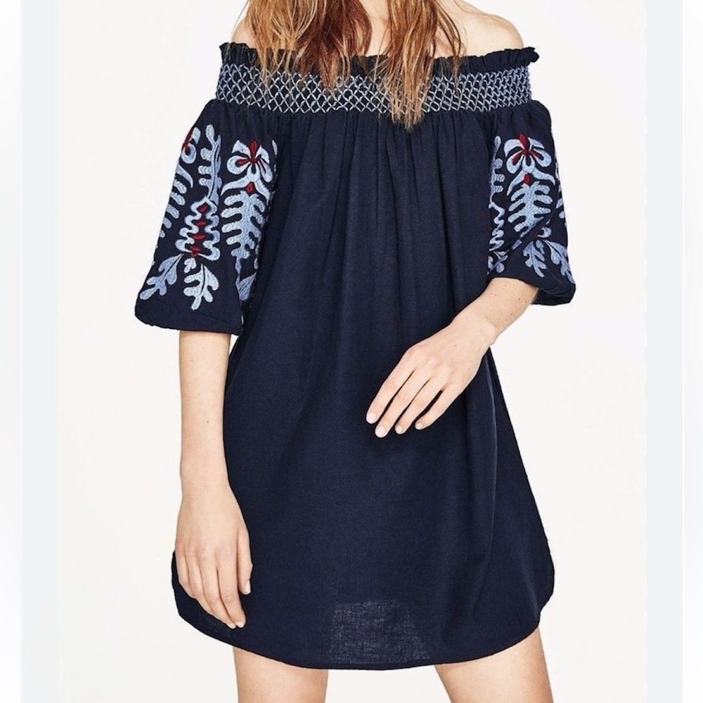 Rebellion Navy Blue Embroidered Cotton Off the Shoulder Loose Fit Shift Dress M